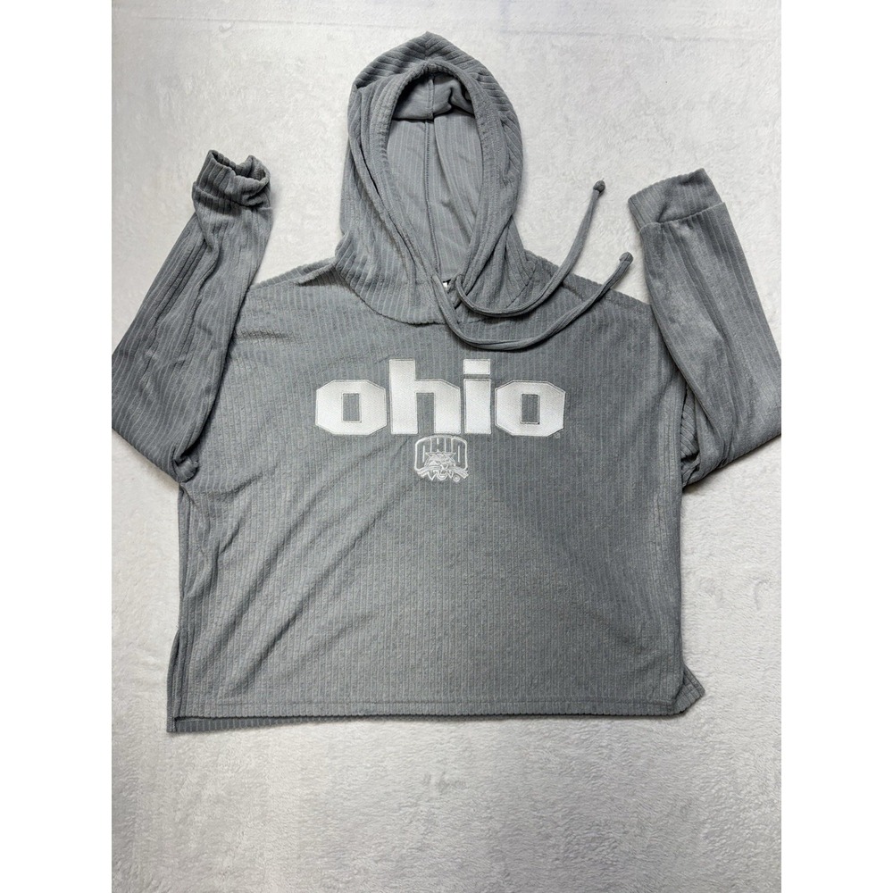 OU Athens OHIO Bobcats Woman's Along Sleeve Gray Hooded Shirt LARGE